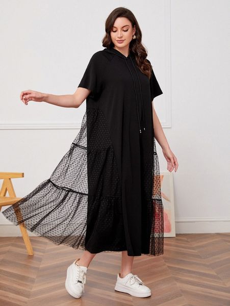 

raglan sleeve mesh ruffle trim hooded dress b2oq#, Black;gray