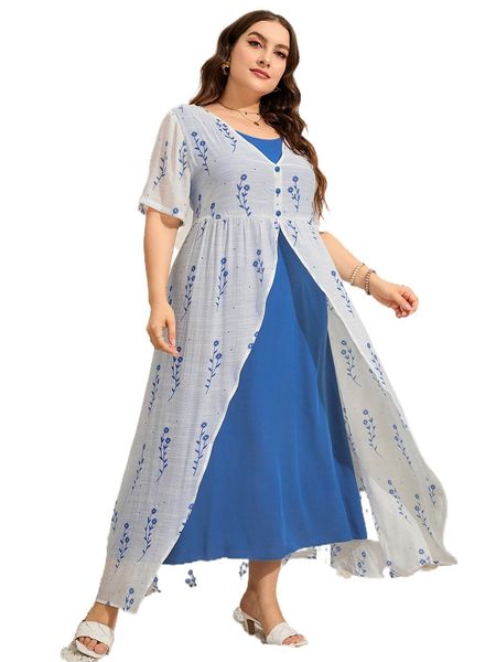 

plus floral print fake button front dress f1ia#, Black