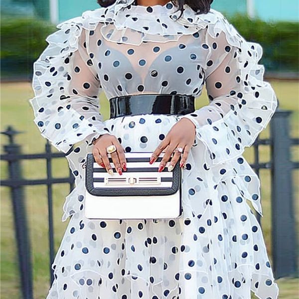 

female polka dot two piece set organza oversize blouse irregular midi skirt sets plus size womens spring summer fashion 220509, White