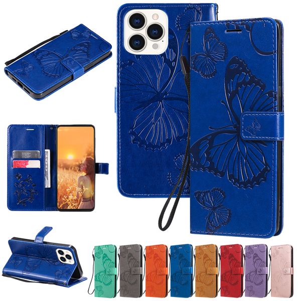 PU-Leder geprägte Schmetterlinge Flip Stand Wallet Cases für iPhone 13 Pro Max 12 11 Mini SE XR XS X 8 Plus 7 6 5 Kartenfächer Halter Telefonabdeckung mit Lanyard