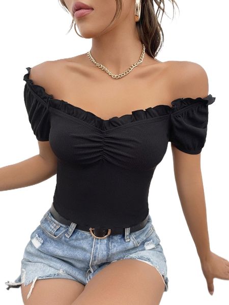 

off shoulder frill trim ruched n7gz#, White