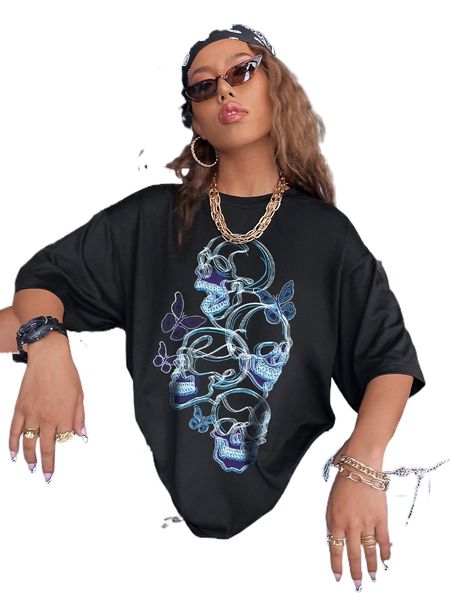 

skull & butterfly print drop shoulder tee m4iy#, White