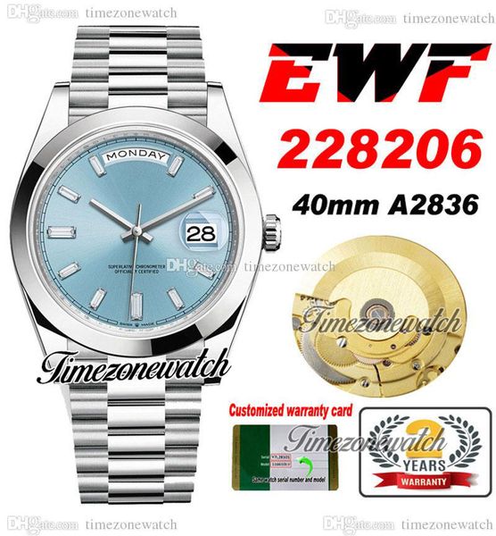 

ewf daydate 40 228206 eta a2836 automatic mens watch smooth bezel ice blue textured dial rectangle diamonds stainless steel presidential bra, Slivery;brown