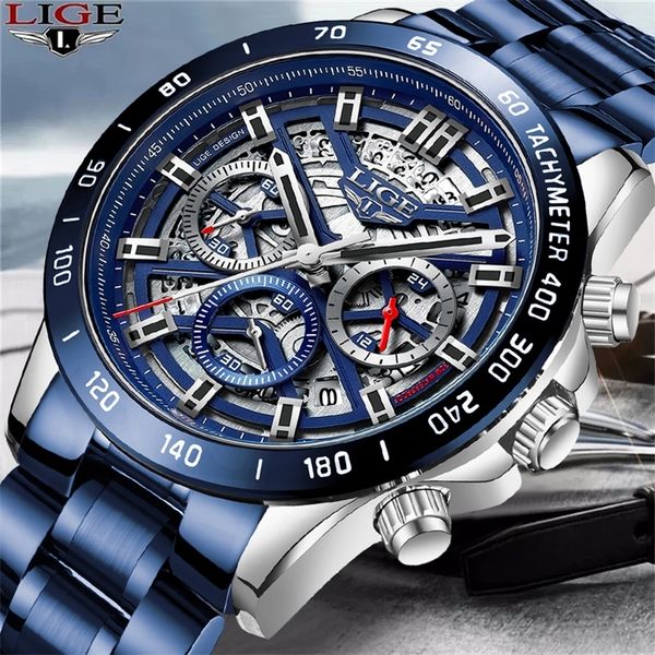 

lige men watch brand luxury hollow watch men waterproof sport quartz chronograph wrist watch man relogio masculino 220407, Slivery;brown