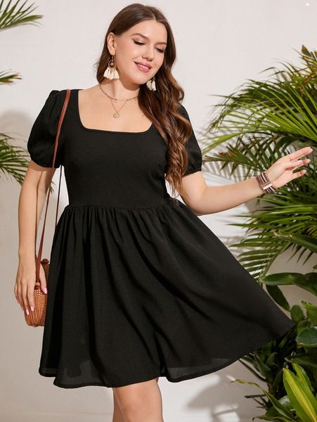 

plus scoop neck puff sleeve dress h9m1#, Black