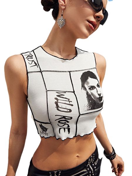 

letter & figure graphic stitching lettuce trim crop tank z8yj#, White