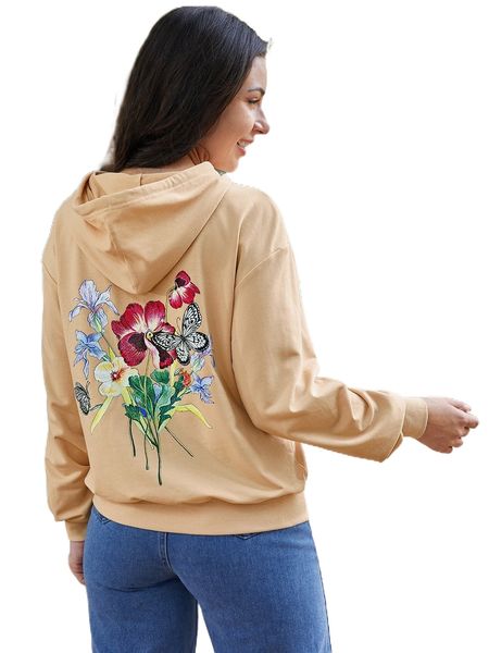 

butterfly and floral print drop shoulder drawstring hoodie n1gu#, Black