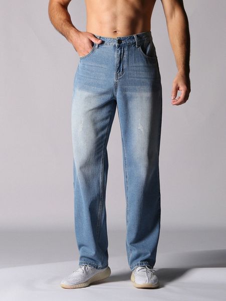 

men cat whisker straight leg jeans 68p2#, Blue