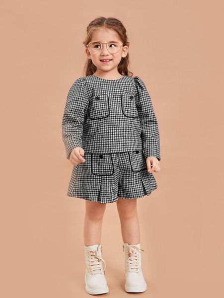 

toddler girls pocket patched plaid tweed blouse she, White;black