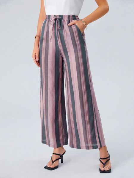 

emery rose striped drawstring waist wide leg pants t2tl#, Black;white