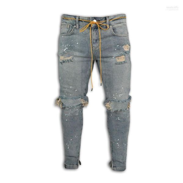 Herren Jeans Mode Knöchel Reißverschluss Skinny Stretch Destroyed Ripped Paint Point Design1 Heat22