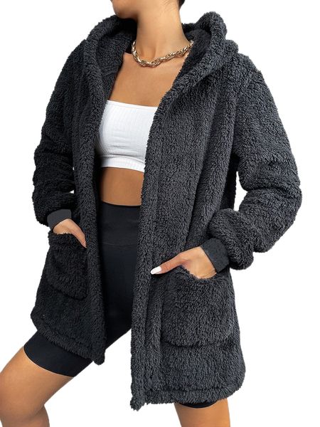 

pocket front hooded teddy coat x2qz#, Black