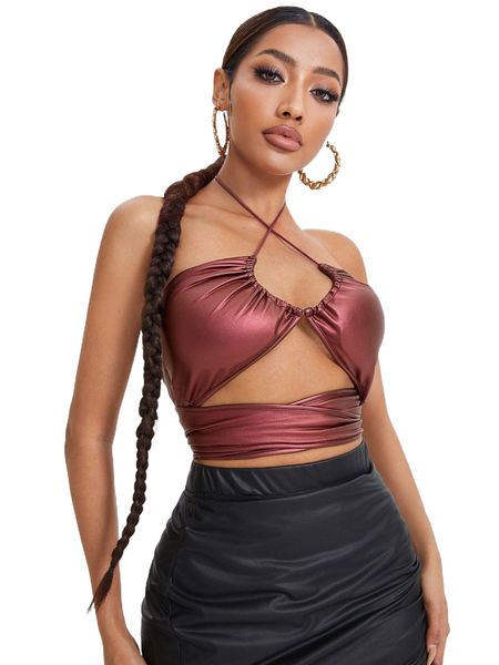 

tied open back pu leather halter u033#, White