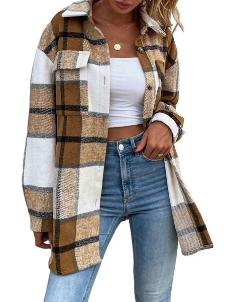 

plaid print flap pocket drop shoulder wool-mix fabric overcoat q1a2#, Black