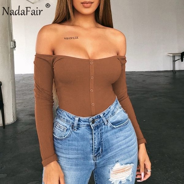 

nadafair long sleeve off shoulder bodysuit women buttons plus size rib knitted bodysuit femme bodycon jumpsuit short romper y200401, Black;white