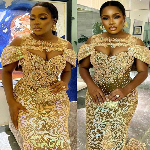 

2022 plus size arabic aso ebi gold mermaid sparkly prom dresses lace beaded crystals evening formal party second reception birthday enagemen, Black