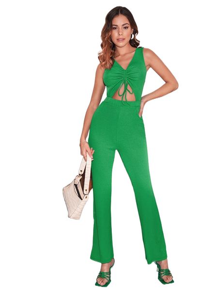 

ruched bust drawstring cutout front backless jumpsuit p8cp#, Black;white