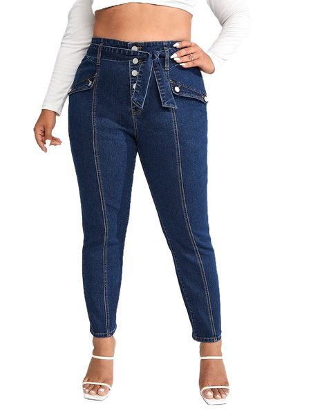 

plus high waist button fly belted mom fit jeans m4j4#, Blue