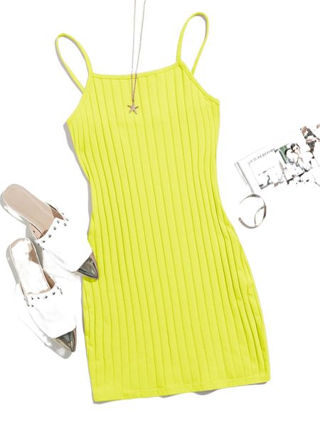 

neon yellow ribbed cami bodycon mini dress g9ac#, Black;gray