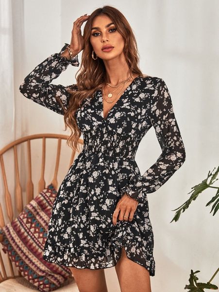 

floral print shirred waist dress 6488#, Black;gray