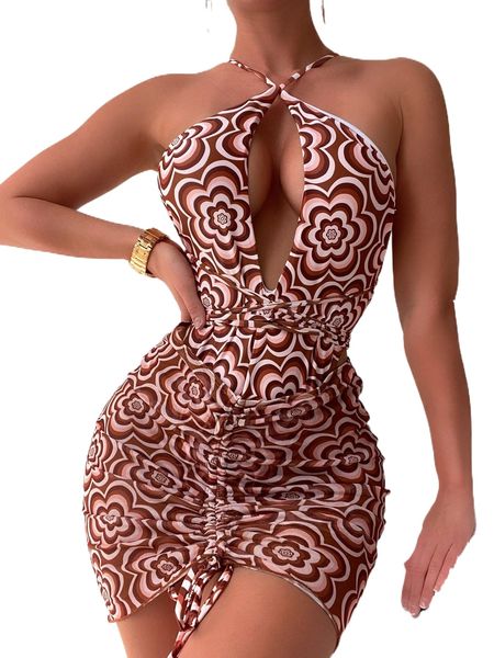 

allover floral print high cut one piece swimsuit & beach skirt z57s#, White;black