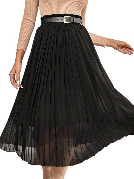 

solid belted pleated skirt m4bn#, Black