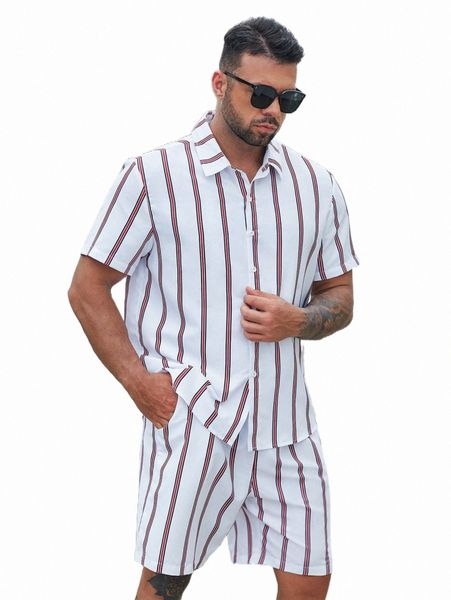 

extended sizes men vertical striped shirt & shorts r7vx#, Gray