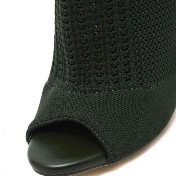 

women's dress shoes boots green elastic knit sock ladies open toe chunky high heels fashion kardashian ankle booties women pumps 7sux, Black