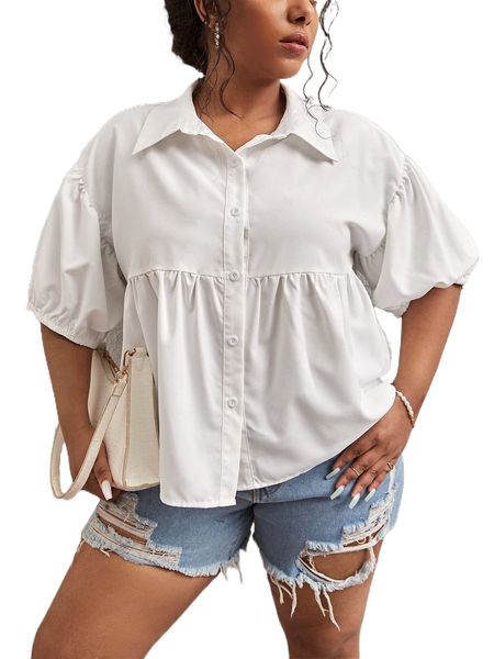 

plus puff sleeve button up blouse e2su#, Black