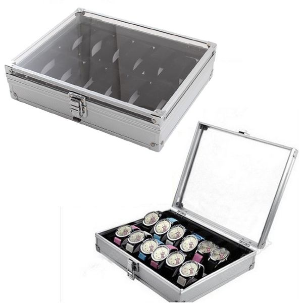 12 Grid Slots Nützliche Schmuck Armbanduhren Halter Display Lagerung Box Aluminium Luxus Quadratischen Fall Uhr Organizer 220428