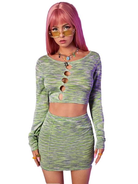 

space dye cut out fake button sweater & knit skirt h0y7#, White;black