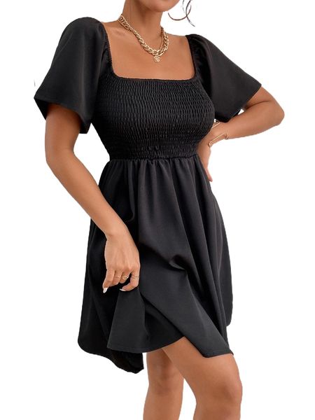

solid square neck shirred a-line dress p5ol#, Black;gray