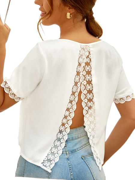 

embroidered mesh trim slit back blouse n0hr#, White