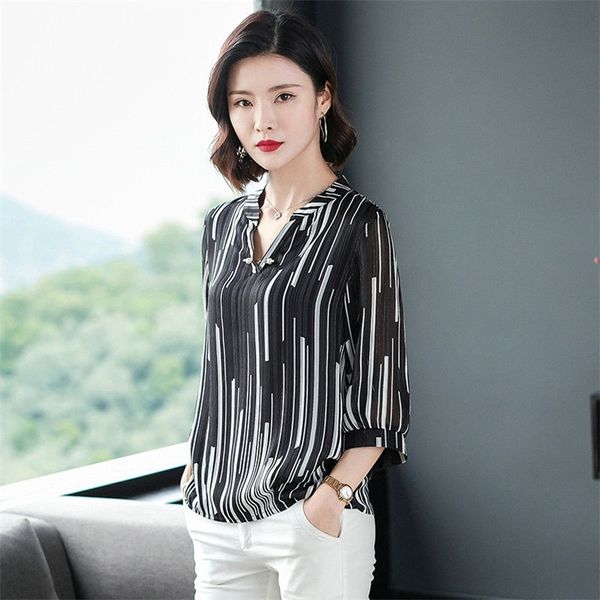 Frauen Frühling Sommer Stil Chiffon Blusen Shirt Frauen Gestreiften V-ausschnitt Drei Viertel Ärmel Casual Lose Tops SP015 220407