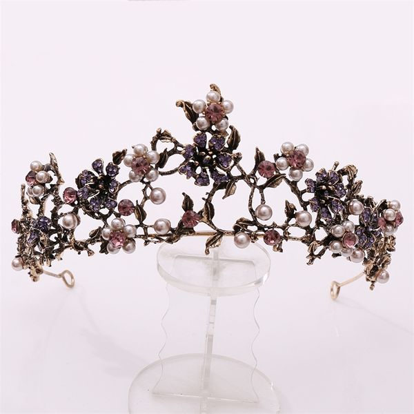 Barock Vintage Schwarz Lila Kristall Perlen Braut Tiaras Krone Festzug Diadem Schleier Tiara Hochzeit Haarschmuck 220716