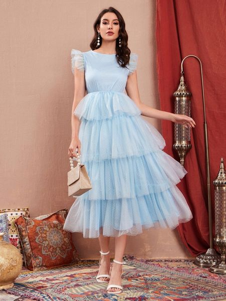 

ruffle armhole layered hem dobby mesh dress j2vn#, Black;gray