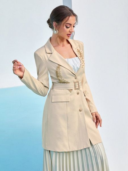 

rhinestone buckled belted blazer dress s0z9#, White