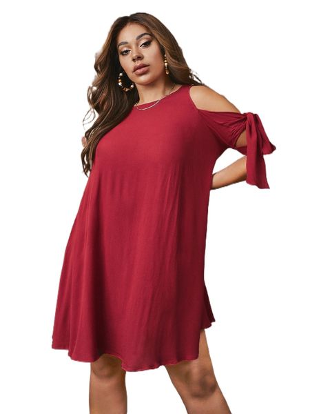 

plus knot detail cold shoulder dress a48i#, Black