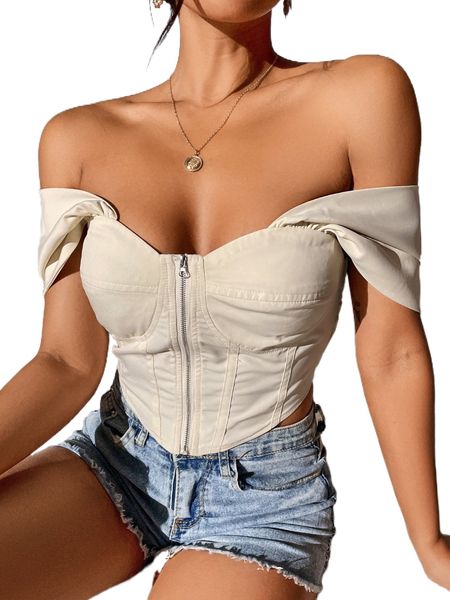 

off shoulder shirred back bandana hem crop m3gq#, White