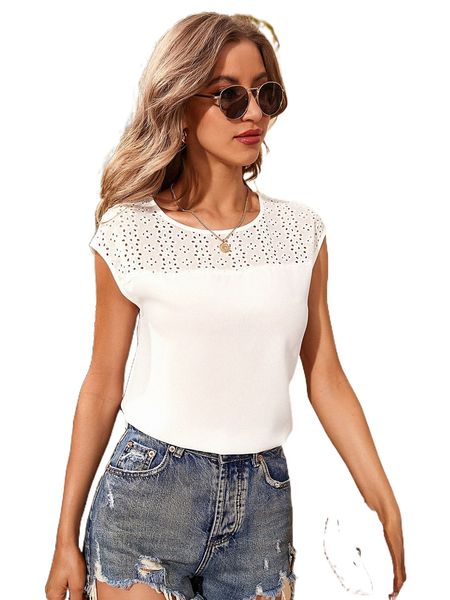 

solid eyelet embroidery batwing sleeve blouse p7ve#, White