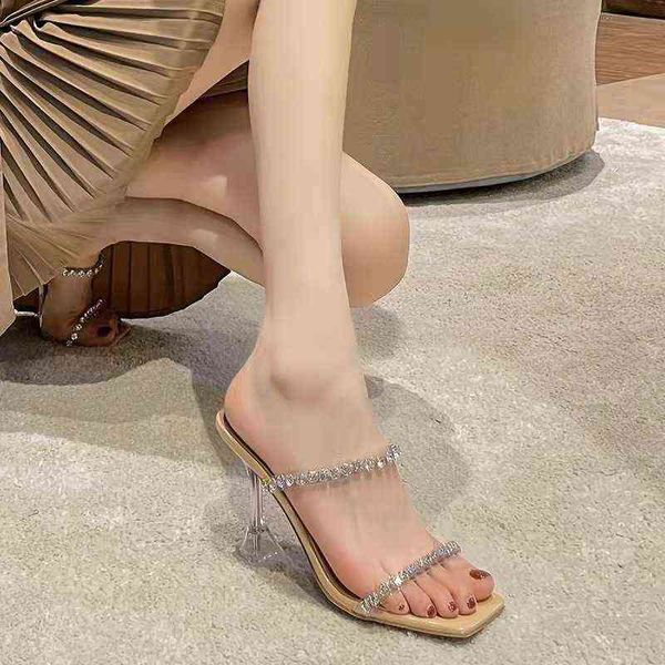 

sandals slides women shoes rhinestone flip flops french crystal thin heeled slippers fashion niche square toe high heels 220704, Black
