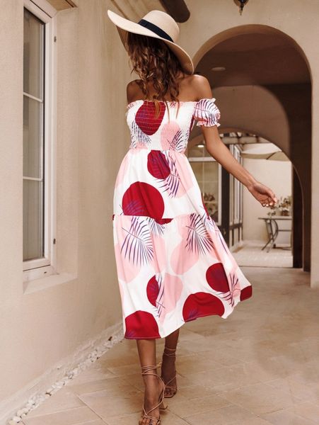 

polka dot & tropical print shirred off shoulder ruffle hem dress g3cc#, Black;gray