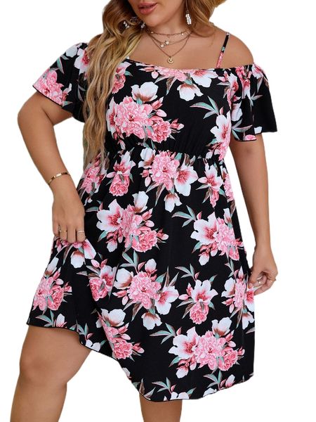 

plus floral print cold shoulder flutter sleeve dress o4c7#, Black