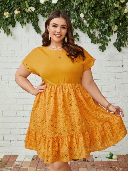 

plus eyelet embroidery ruffle hem dress v0bo#, Black