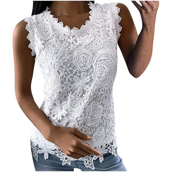 

women camis lace print floral crochet hollow out tank casual blouse summer sleeveless shirts clubwear plus size s-5xl, White