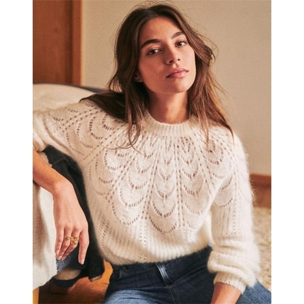 

paulin knitted jumper women warm mohair wool puffed sleeve o nenck chic sweater autumn winter vintage pullover y200910, White;black