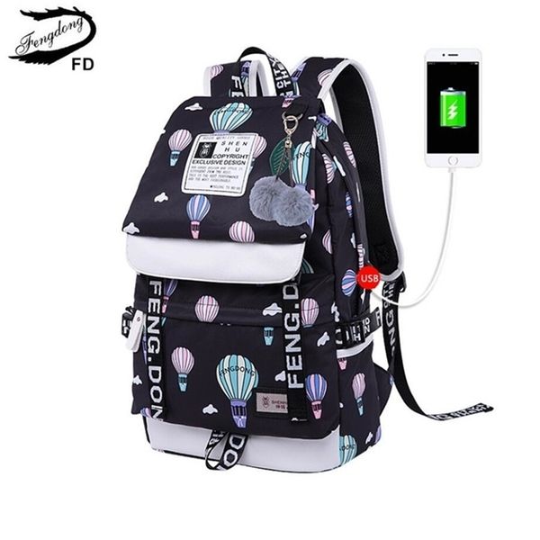 

fengdong school bags for girls cute butterfly pattern backpack usb charge book bag plush ball decoration kids school backpack lj201225