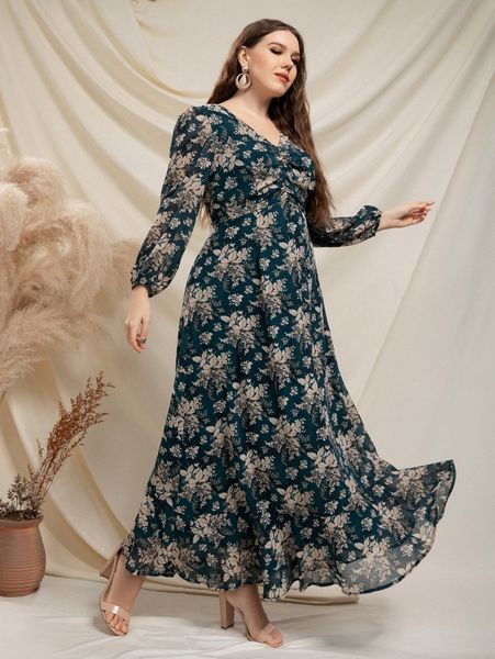 

plus random floral print ruched lantern sleeve maxi dress m3yz#, Black