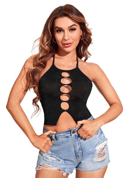 

cut out tie backless split hem crop halter 75xs#, White