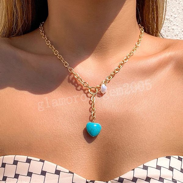 

green color stone love heart pendant necklaces simulated pearl link chain choker necklaces collar women neck jewelry, Silver